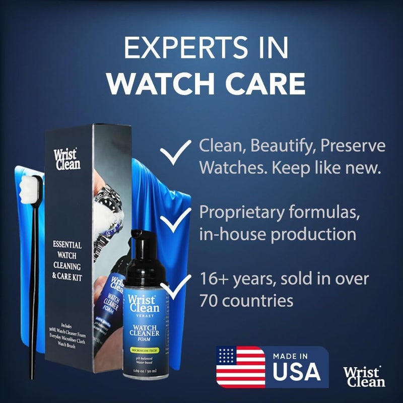 WristClean طقم تنظيف الساعات الأساسي | آمن على جميع المعادن والبلورات | (1x) رغوة منظف الساعات 50 مل، (1x) قطعة قماش لتنظيف الساعات والمجوهرات 10"x10"، (1x) فرشاة تنظيف الساعات | صنع في الولايات المتحدة (طقم مكون من 3 قطع) - Image 2
